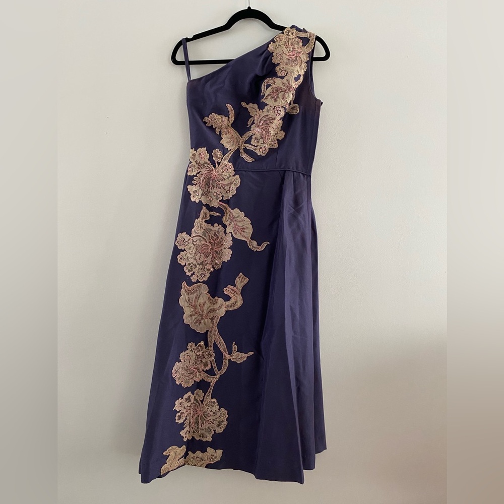 Vintage Deep Purple & Gold A-Line One Shoulder Maxi Dress - S-M